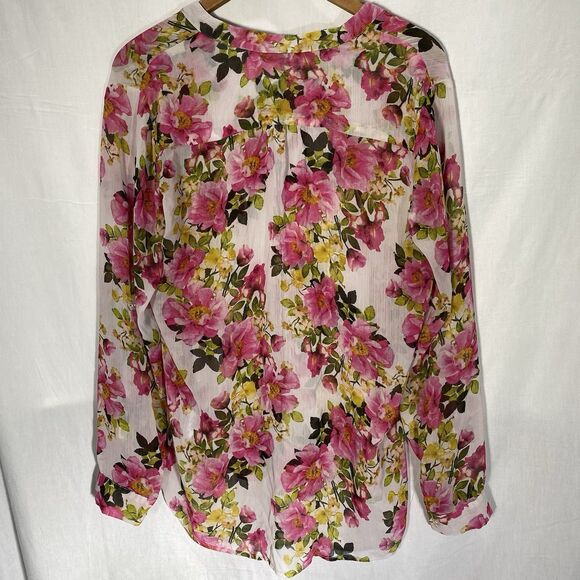 KUT FROM THE KLOTH Sheer Blouse Floral Button Roll Tab Long Sleeve Womens L Pink - Picture 3 of 12